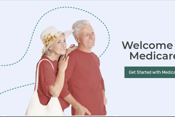 The initial page when signing up to start medicare. Two older adults, one female, one male, smiling, looking off into the distance.