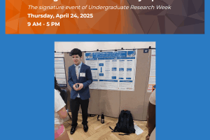Symposium banner and a student giving presentation