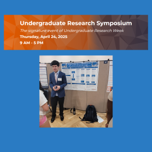 Symposium banner and a student giving presentation