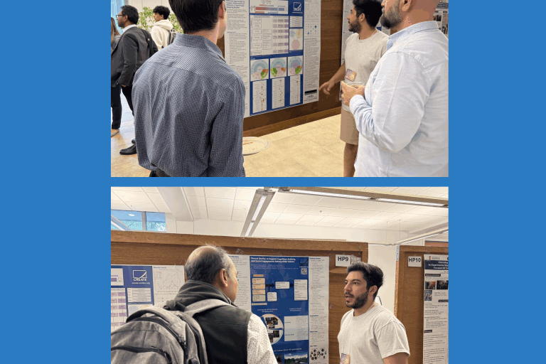 Two images show a researcher presenting a poster