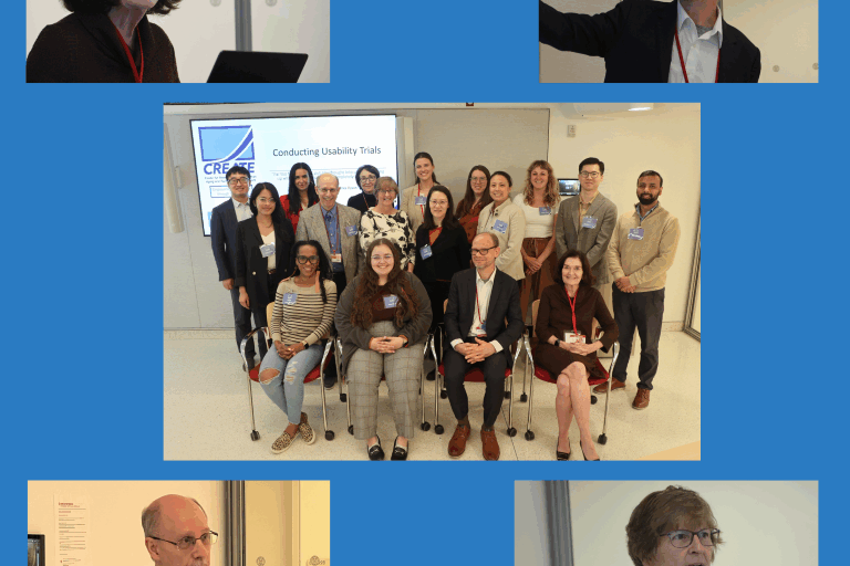 Collage of researchers lecturing and a group photo
